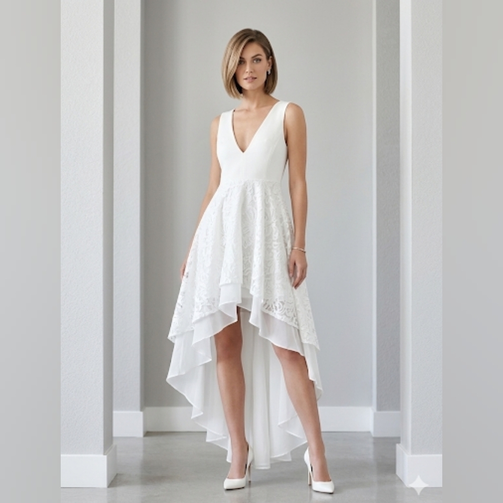Women's White V-Neck High-Low Lace Dress